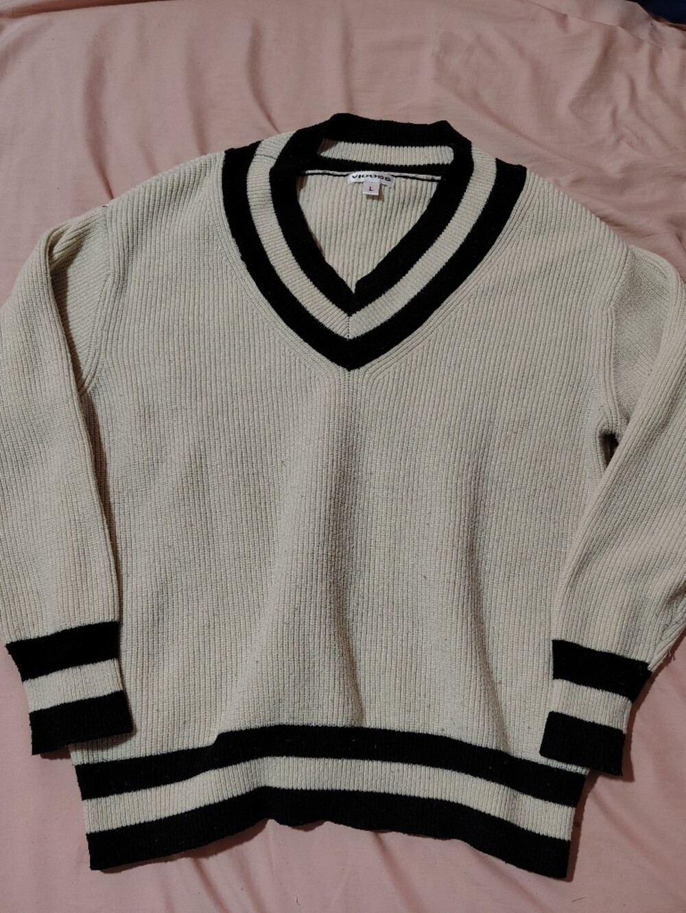 Vigoss Cream V-Neck Sweater with Black Striped Trim